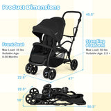 Cochecito doble tándem plegable para dos niños con asiento y plataforma, manillar ajustable - Negro