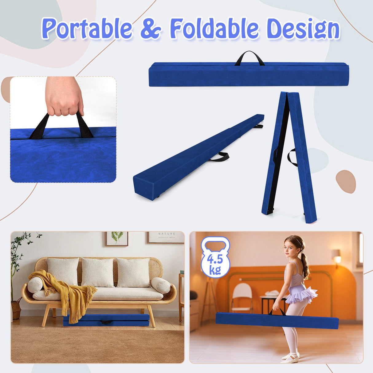 Viga de equilibrio plegable con base de madera maciza y parte inferior antideslizante