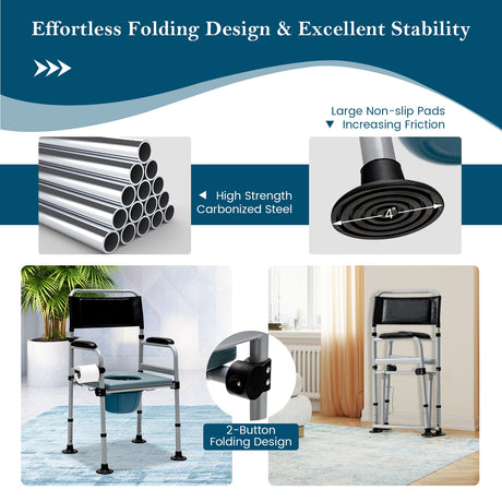 Silla Cómoda Plegable 4 en 1 para Cabecera con Cubo Desmontable y Toallero