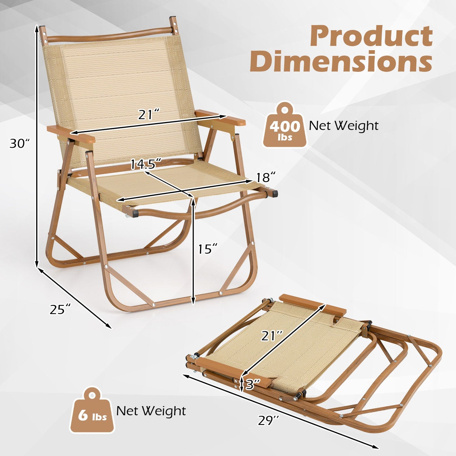 Juego de 2 sillas de camping plegables ligeras para la playa - Beige