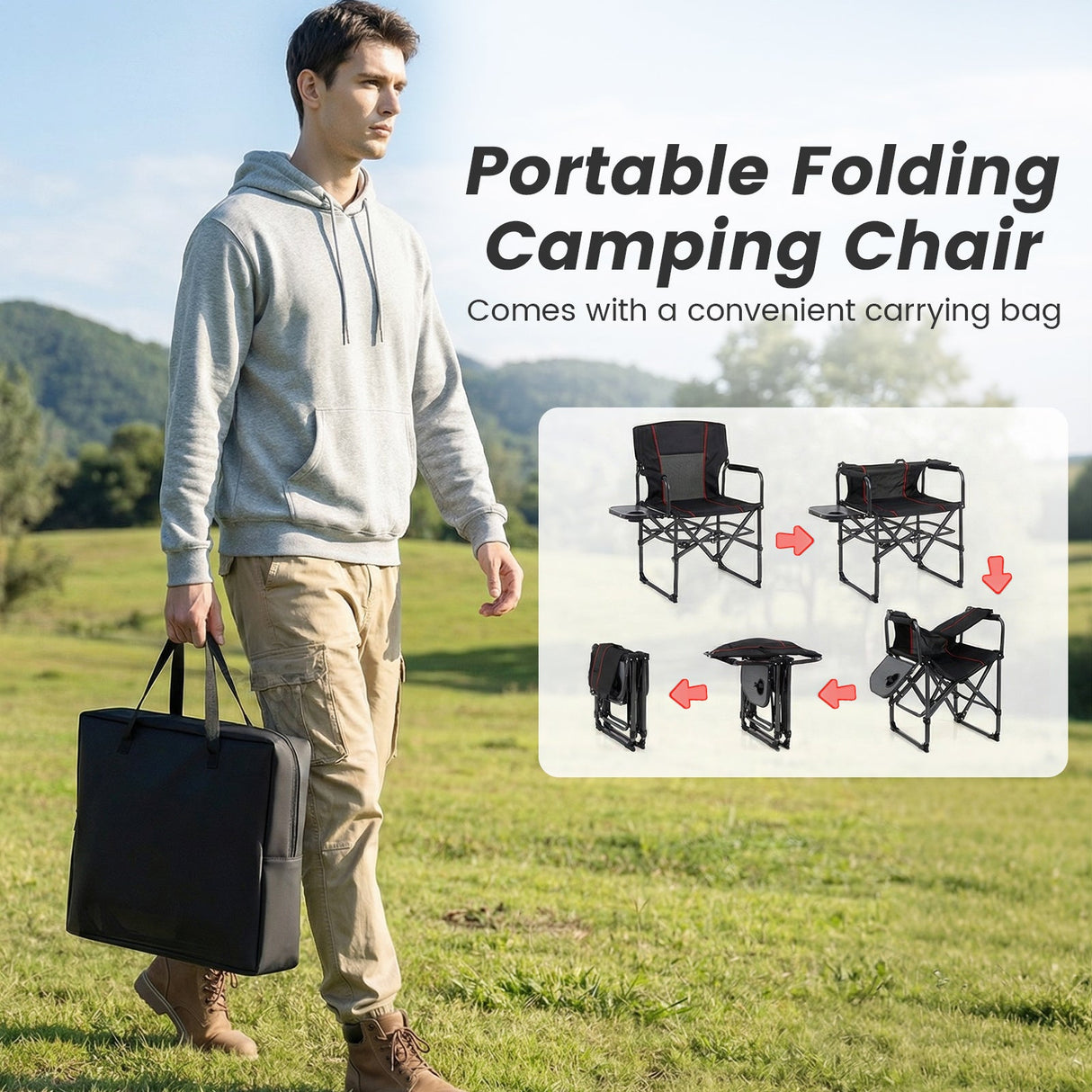 Silla plegable de camping con mesa lateral y portavasos con bolsa de transporte
