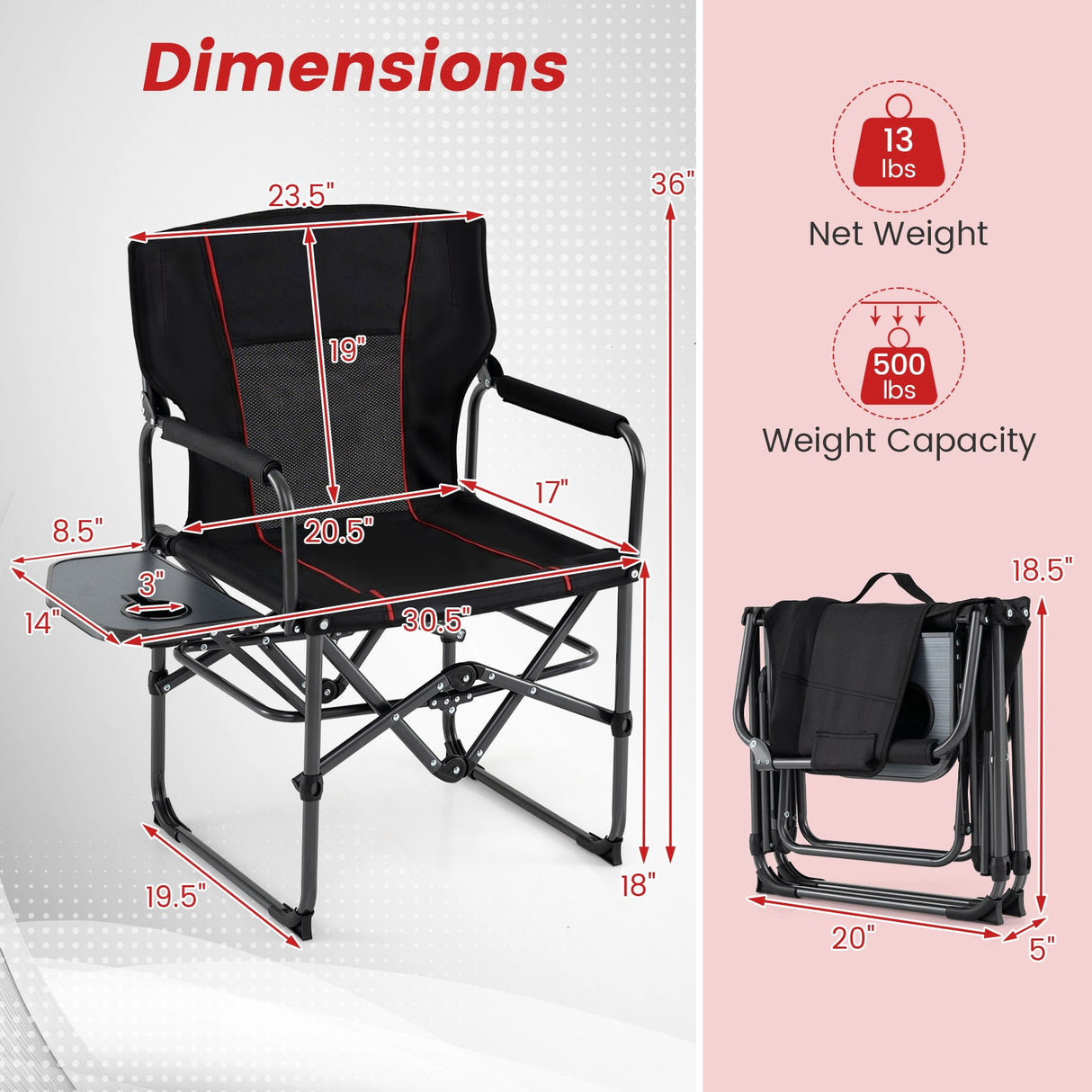 Silla plegable de camping con mesa lateral y portavasos con bolsa de transporte