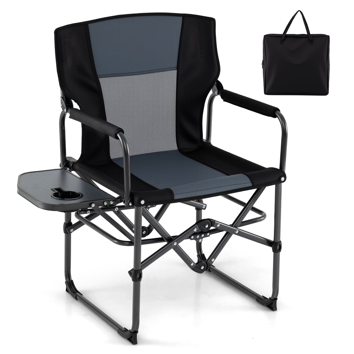Silla plegable de camping con mesa lateral y portavasos con bolsa de transporte