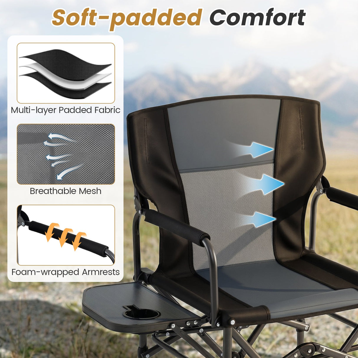 Silla plegable de camping con mesa lateral y portavasos con bolsa de transporte