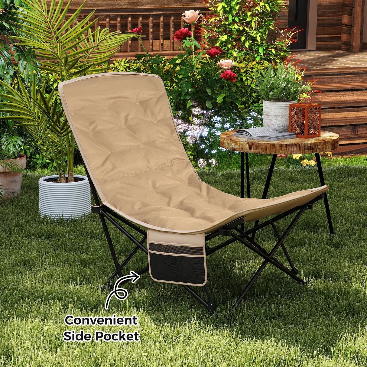 Folding Camping Chair for Adults with Adjustable Backrest and Carrying Bag-Khaki