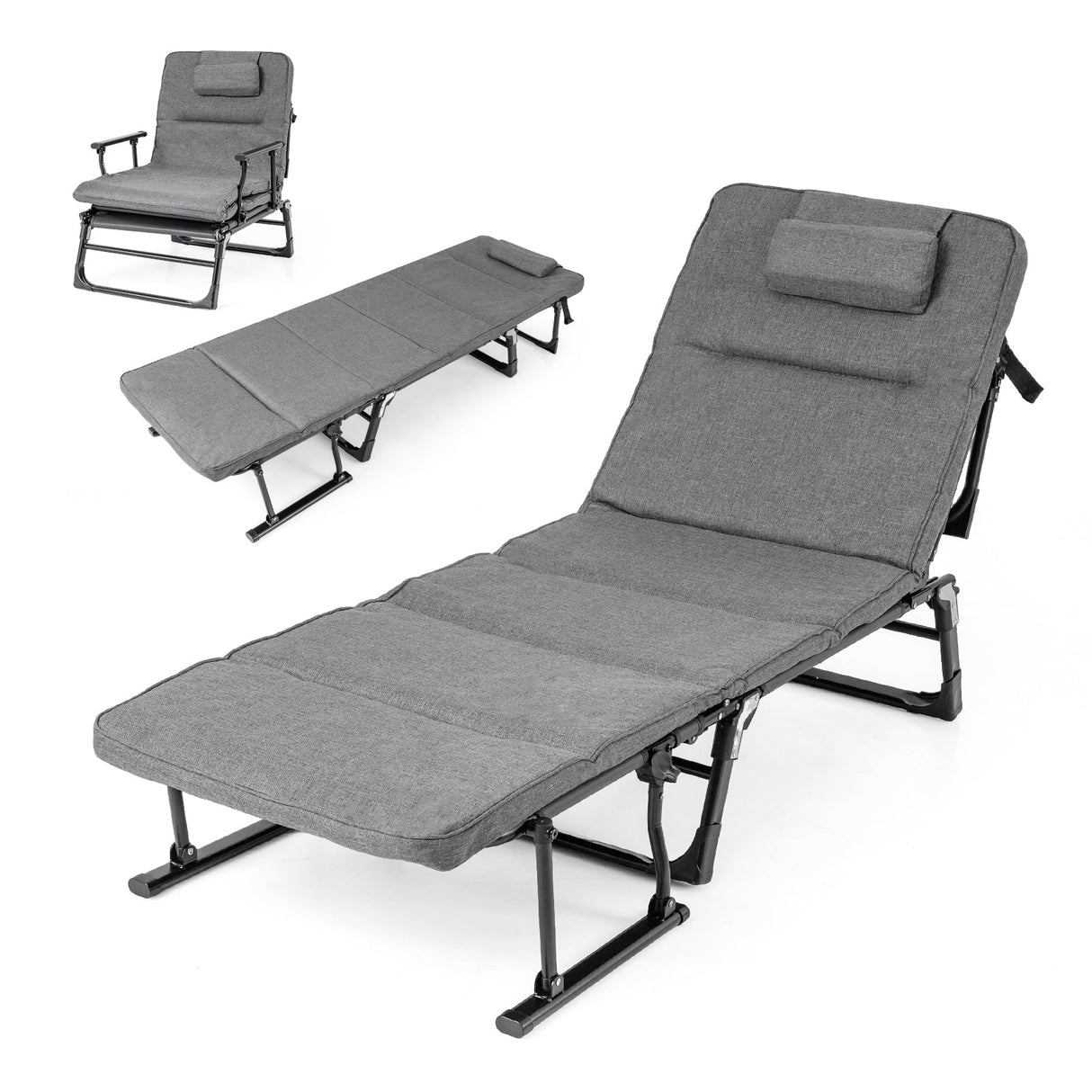 Catres plegables para camping con colchón, sofá cama individual convertible 3 en 1, tumbona reclinable - Gris
