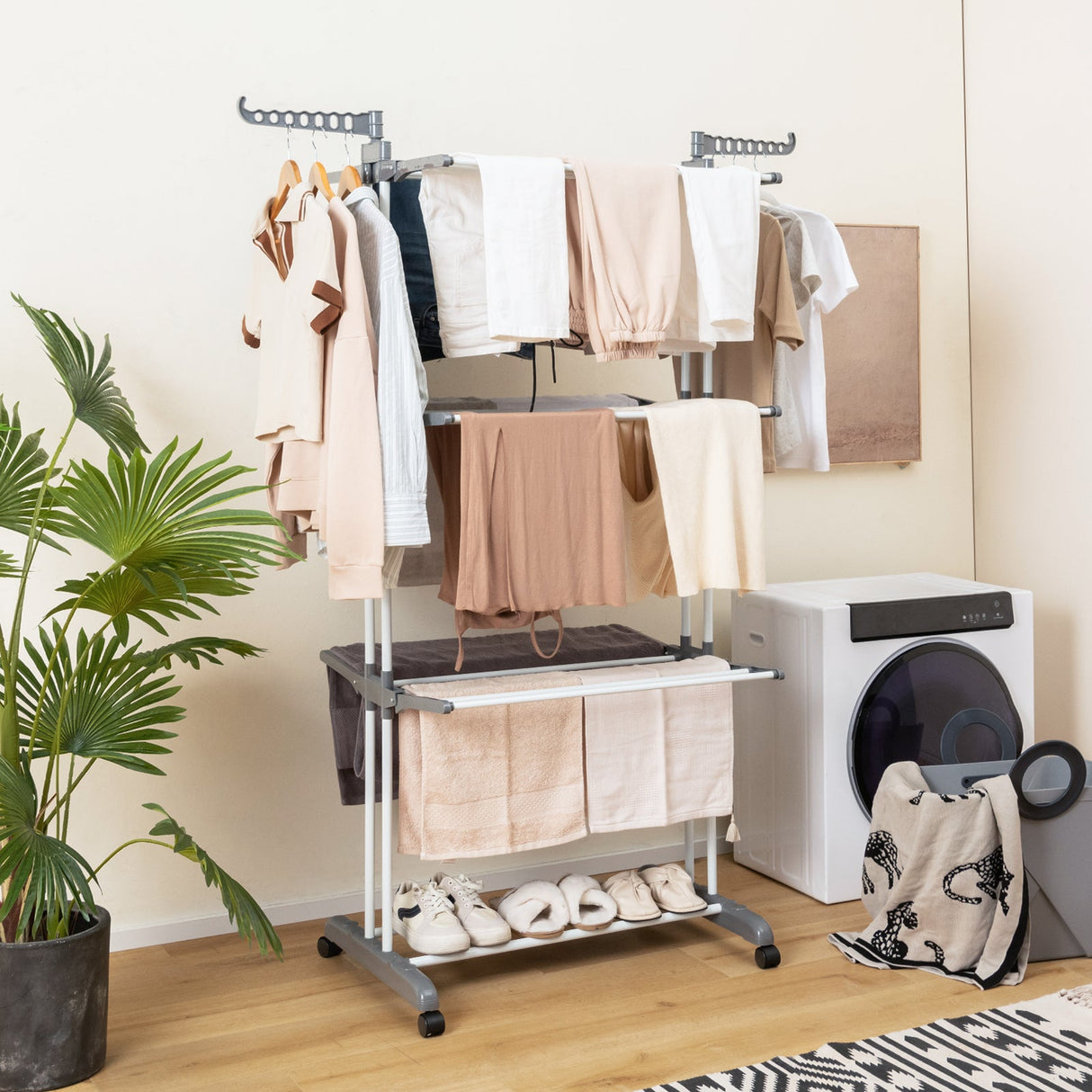 Tendedero de Ropa de 4 Niveles con Alas Laterales Giratorias y Estantes Plegables