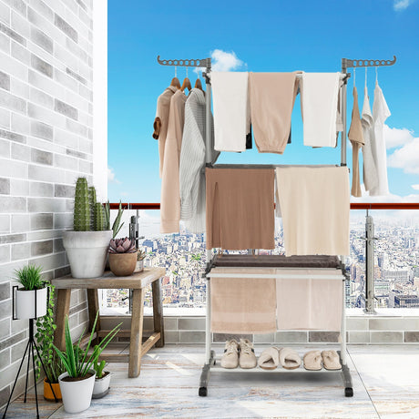 Tendedero de Ropa de 4 Niveles con Alas Laterales Giratorias y Estantes Plegables