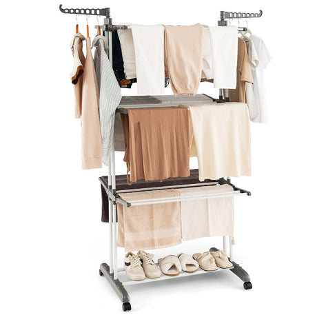 Tendedero de Ropa de 4 Niveles con Alas Laterales Giratorias y Estantes Plegables