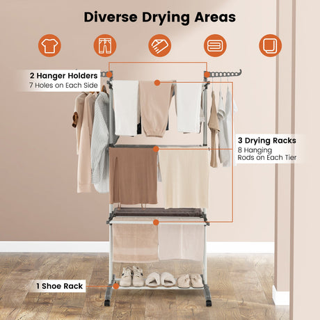 Tendedero de Ropa de 4 Niveles con Alas Laterales Giratorias y Estantes Plegables