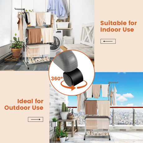 Tendedero de Ropa de 4 Niveles con Alas Laterales Giratorias y Estantes Plegables