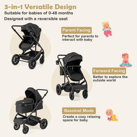 Cochecito de bebé convertible plegable 3 en 1 con capazo desmontable
