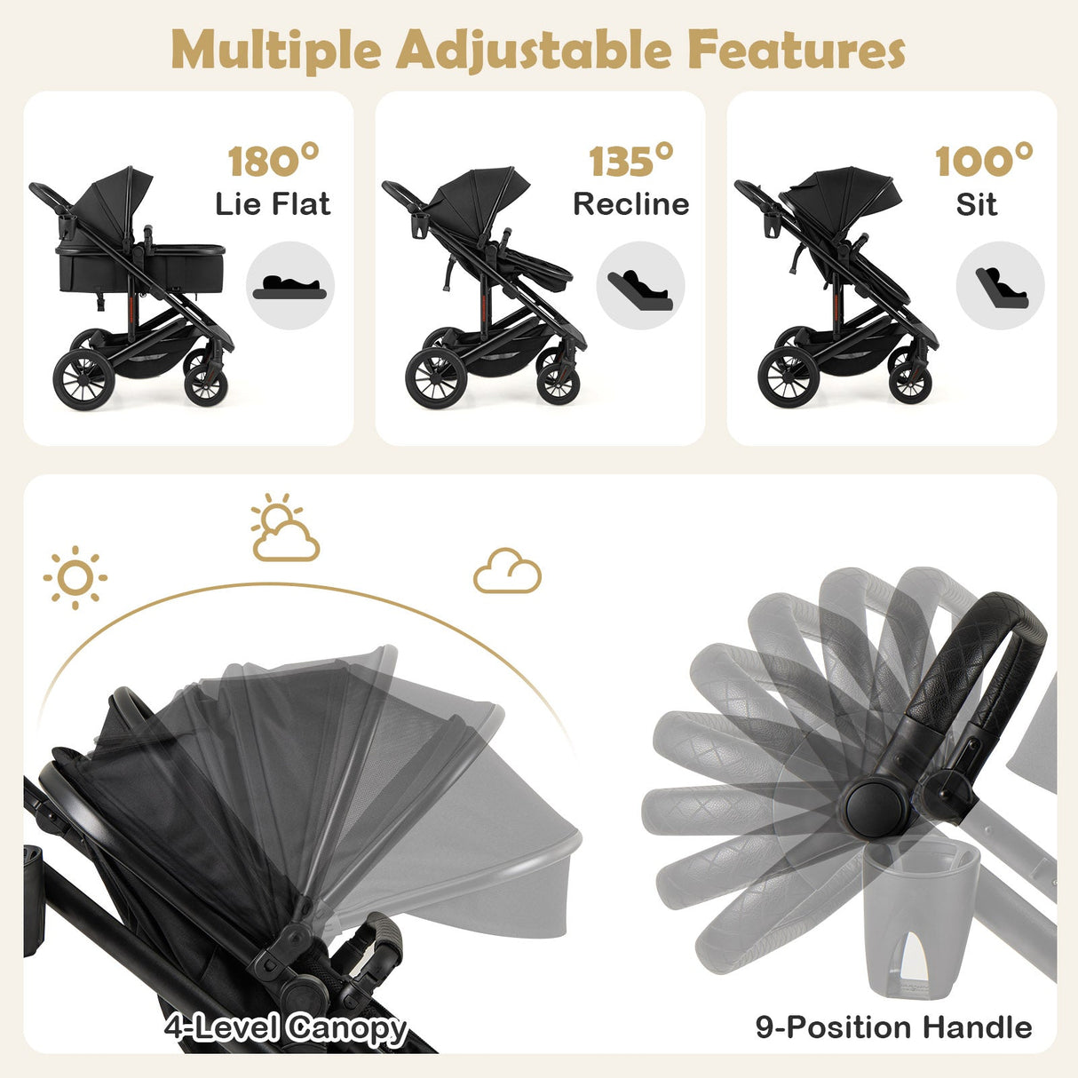 Cochecito de bebé convertible plegable 3 en 1 con capazo desmontable
