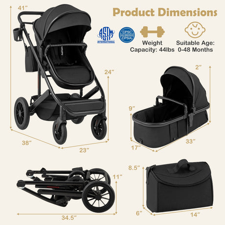 Cochecito de bebé convertible plegable 3 en 1 con capazo desmontable