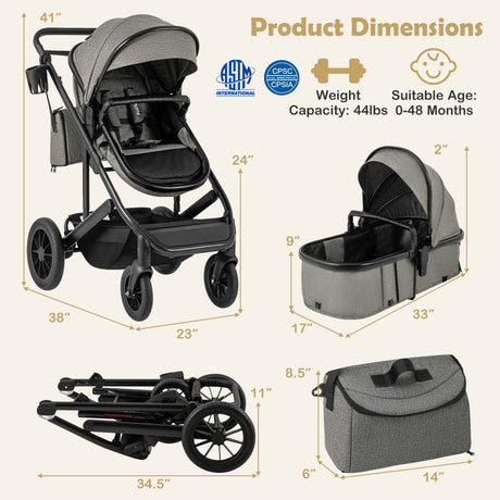 Cochecito de bebé convertible plegable 3 en 1 con capazo desmontable