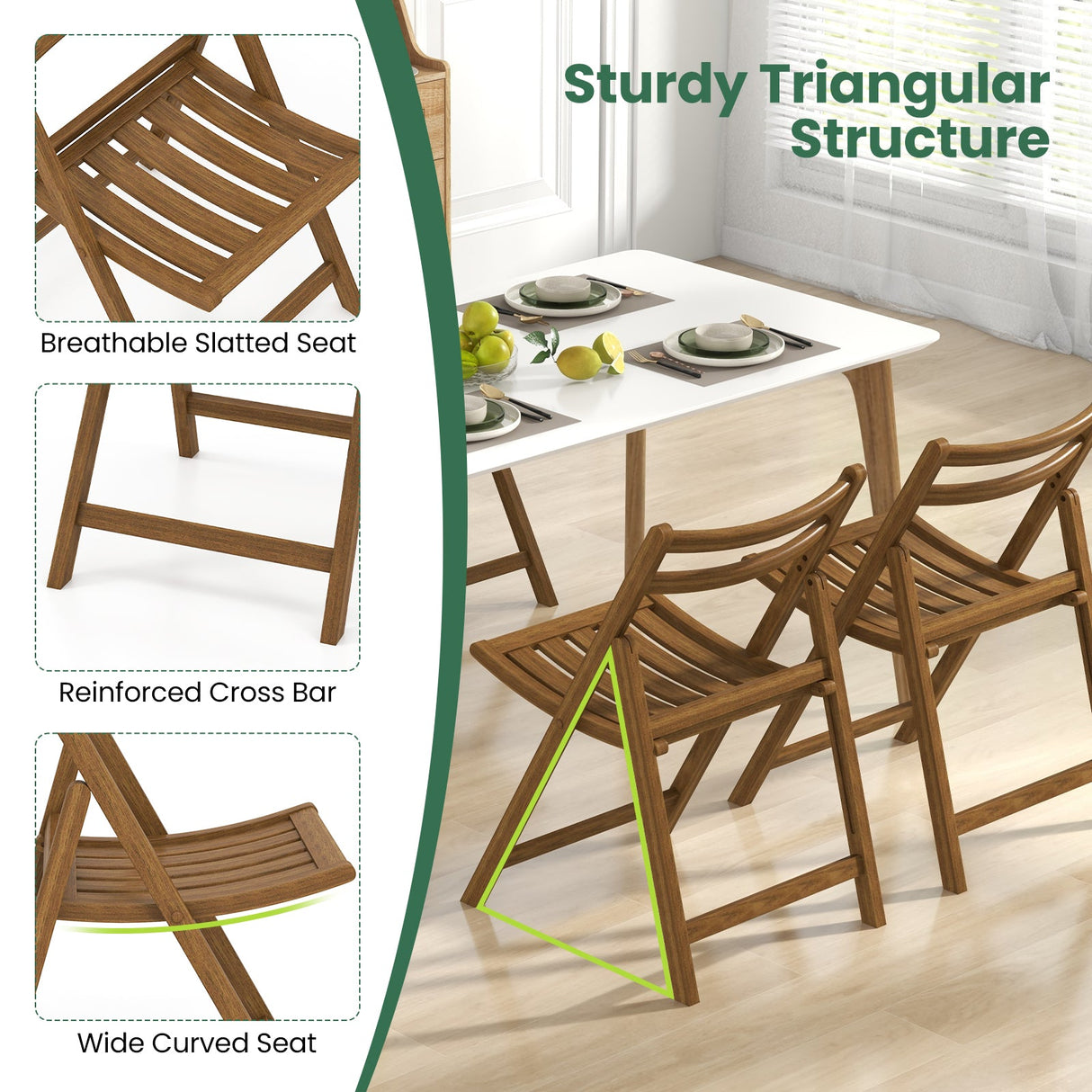 Juego de 2 sillas de comedor plegables con estructura de madera de caucho y asiento de listones - Nogal