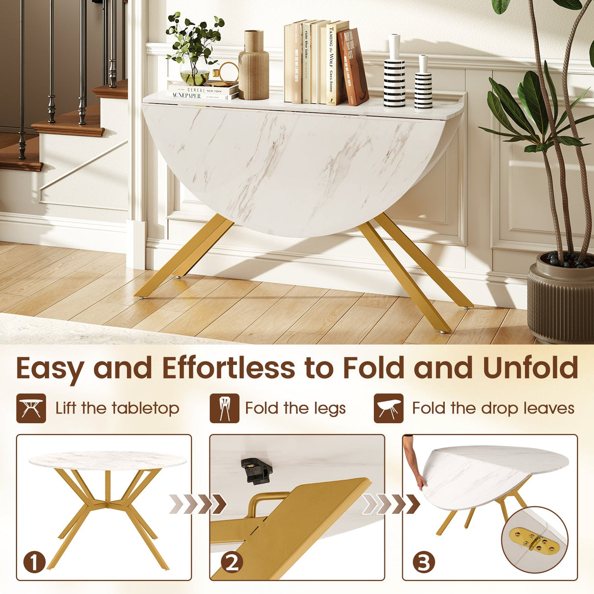 Folding Dining Table 47 Inch Extendable Round Kitchen Table with Drop Leaves