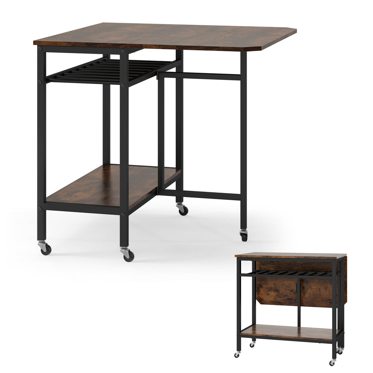 Mesa de comedor plegable con ampliación para portátil con botellero y ruedas - Marrón rústico