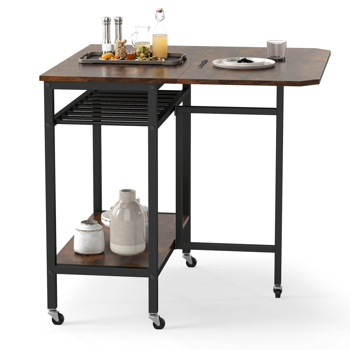 Mesa de comedor plegable con ampliación para portátil con botellero y ruedas - Marrón rústico