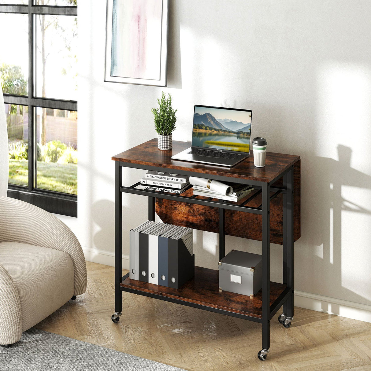Mesa de comedor plegable con ampliación para portátil con botellero y ruedas - Marrón rústico