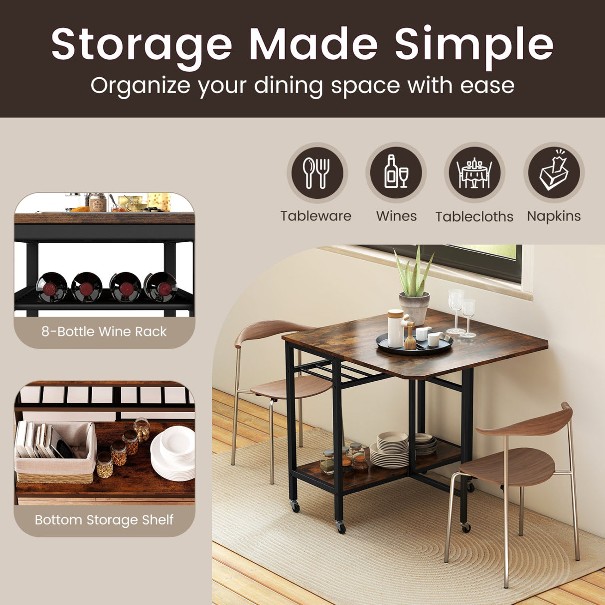 Mesa de comedor plegable con ampliación para portátil con botellero y ruedas - Marrón rústico