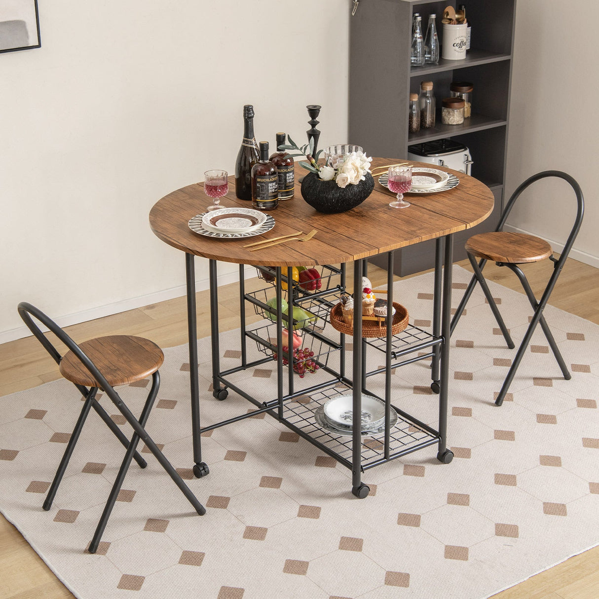 Juego de comedor plegable de 3 piezas con mesa y sillas - Marrón rústico