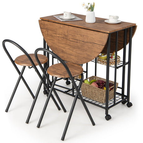 Juego de comedor plegable de 3 piezas con mesa y sillas - Marrón rústico