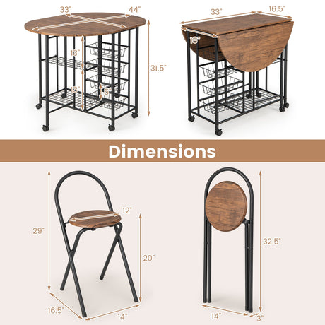 Juego de comedor plegable de 3 piezas con mesa y sillas - Marrón rústico