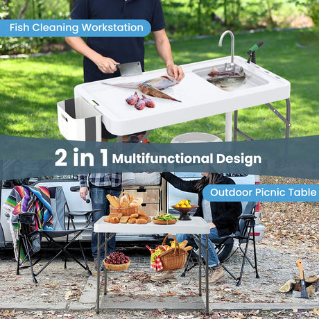 Mesa plegable 2 en 1 para limpiar pescado con fregadero y grifo para barbacoa en el patio