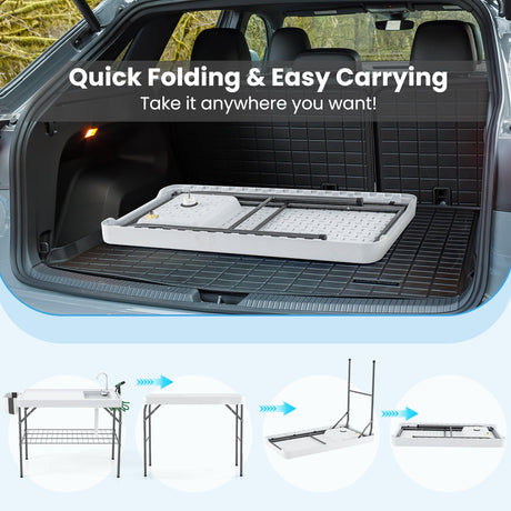Mesa plegable 2 en 1 para limpiar pescado con fregadero y grifo para barbacoa en el patio