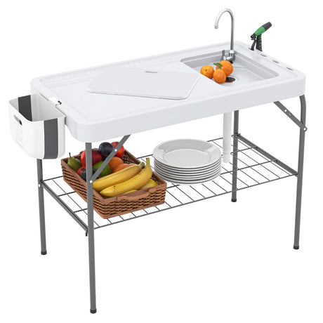 Mesa plegable 2 en 1 para limpiar pescado con fregadero y grifo para barbacoa en el patio