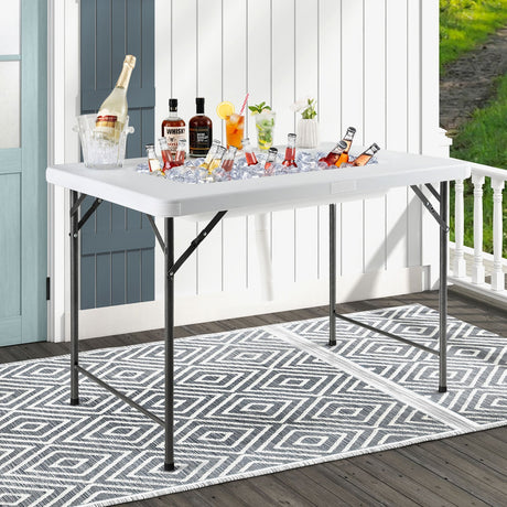 Mesa plegable de 4 pies con compartimento para hielo y faldón para acampada, pícnic, bodas - Blanca