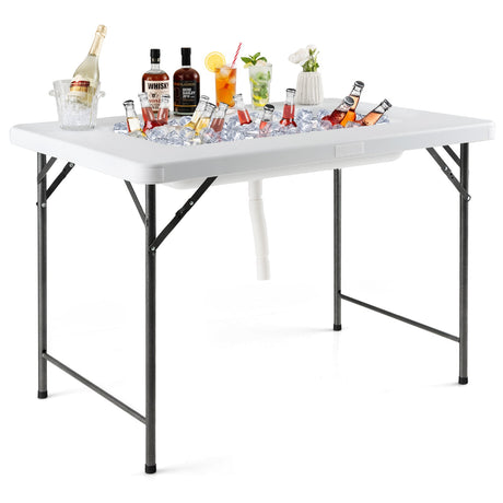 Mesa plegable de 4 pies con compartimento para hielo y faldón para acampada, pícnic, bodas - Blanca