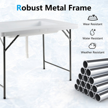 Mesa plegable de 4 pies con compartimento para hielo y faldón para acampada, pícnic, bodas - Blanca