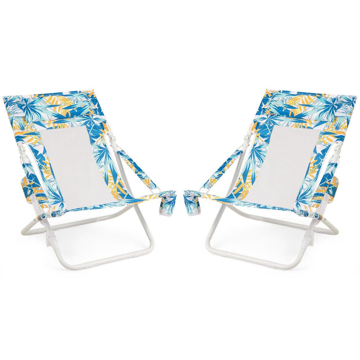 Folding Low Beach Chair Set of 2 Patio Sling Chairs with Padded Head Pillow