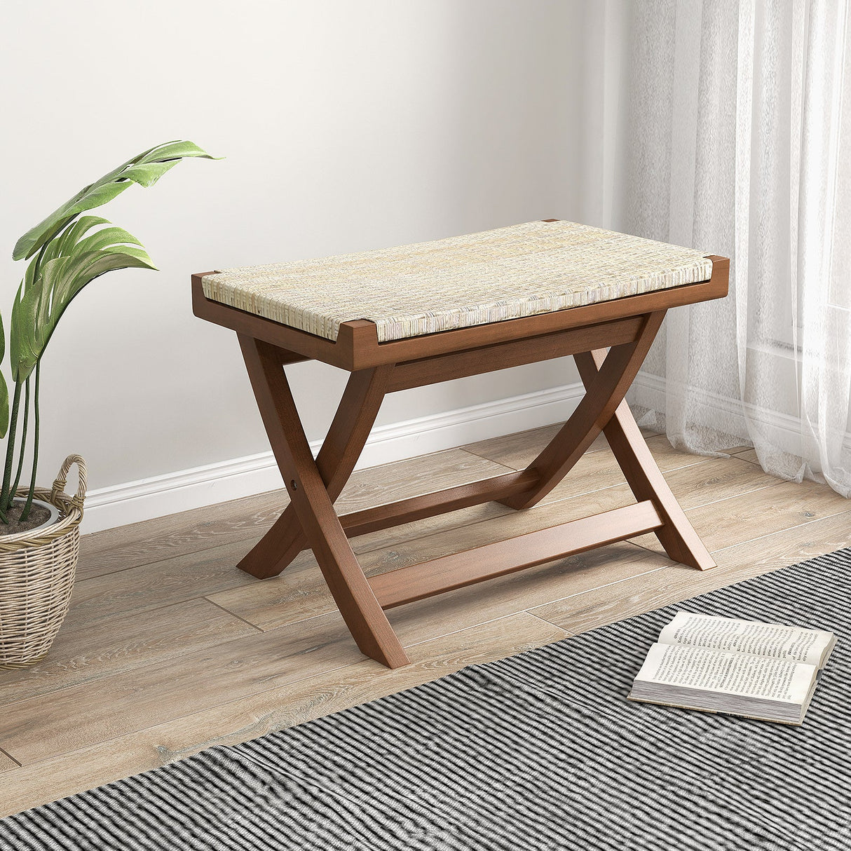 Puf plegable de ratán natural con asiento tejido a mano