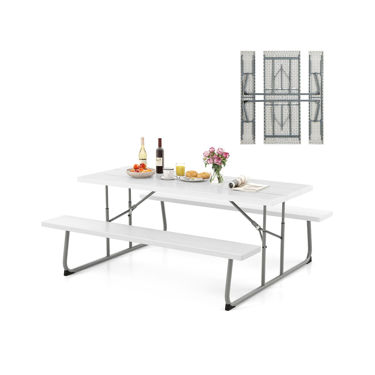 Folding Picnic Table Set with Metal Frame and All-Weather HDPE Tabletop Umbrella Hole