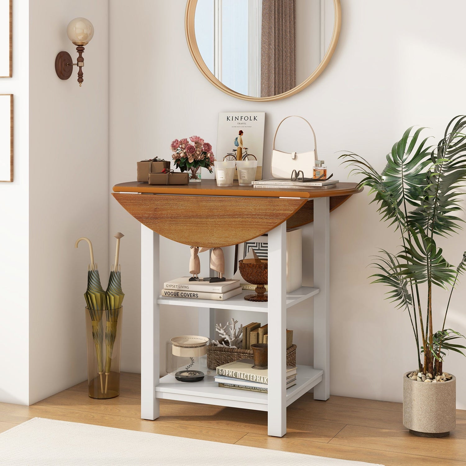 Folding Round Dining Table Drop Leaf Table with 2 Shelves for Small Spaces-White