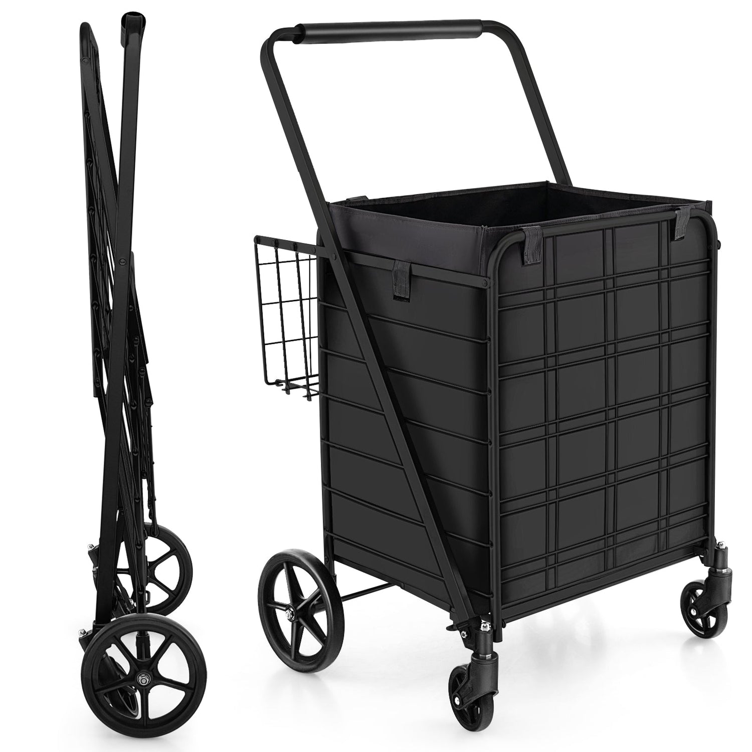 Carrito de compras plegable con ruedas, forro impermeable y cesta
