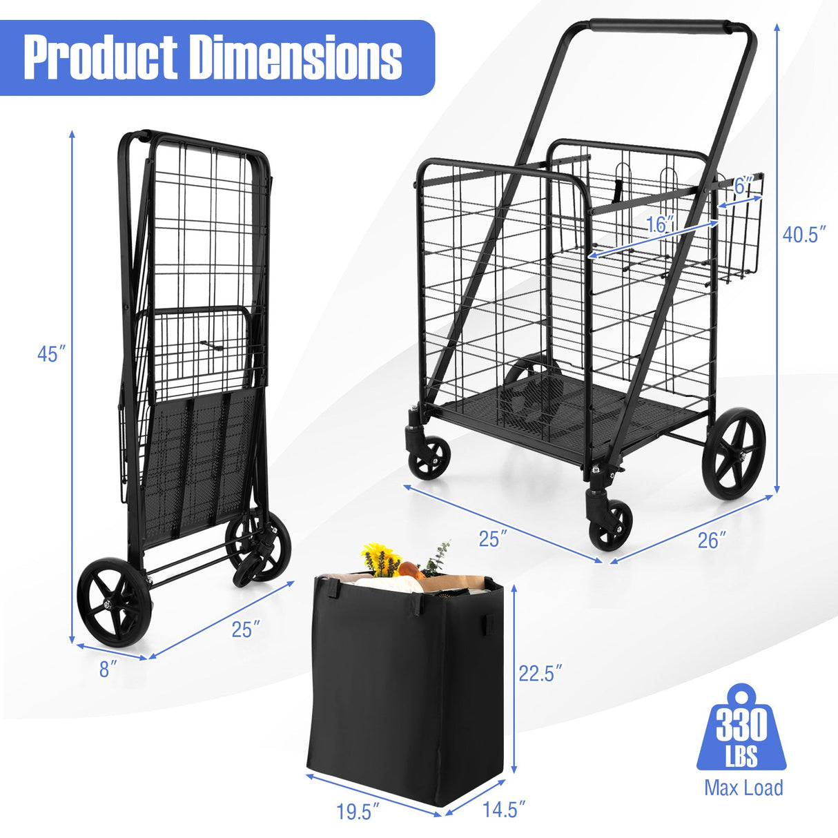 Carrito de compras plegable con ruedas, forro impermeable y cesta