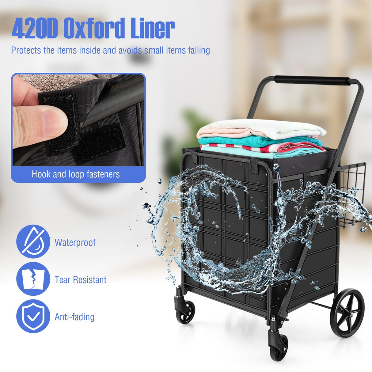 Carrito de compras plegable con ruedas, forro impermeable y cesta