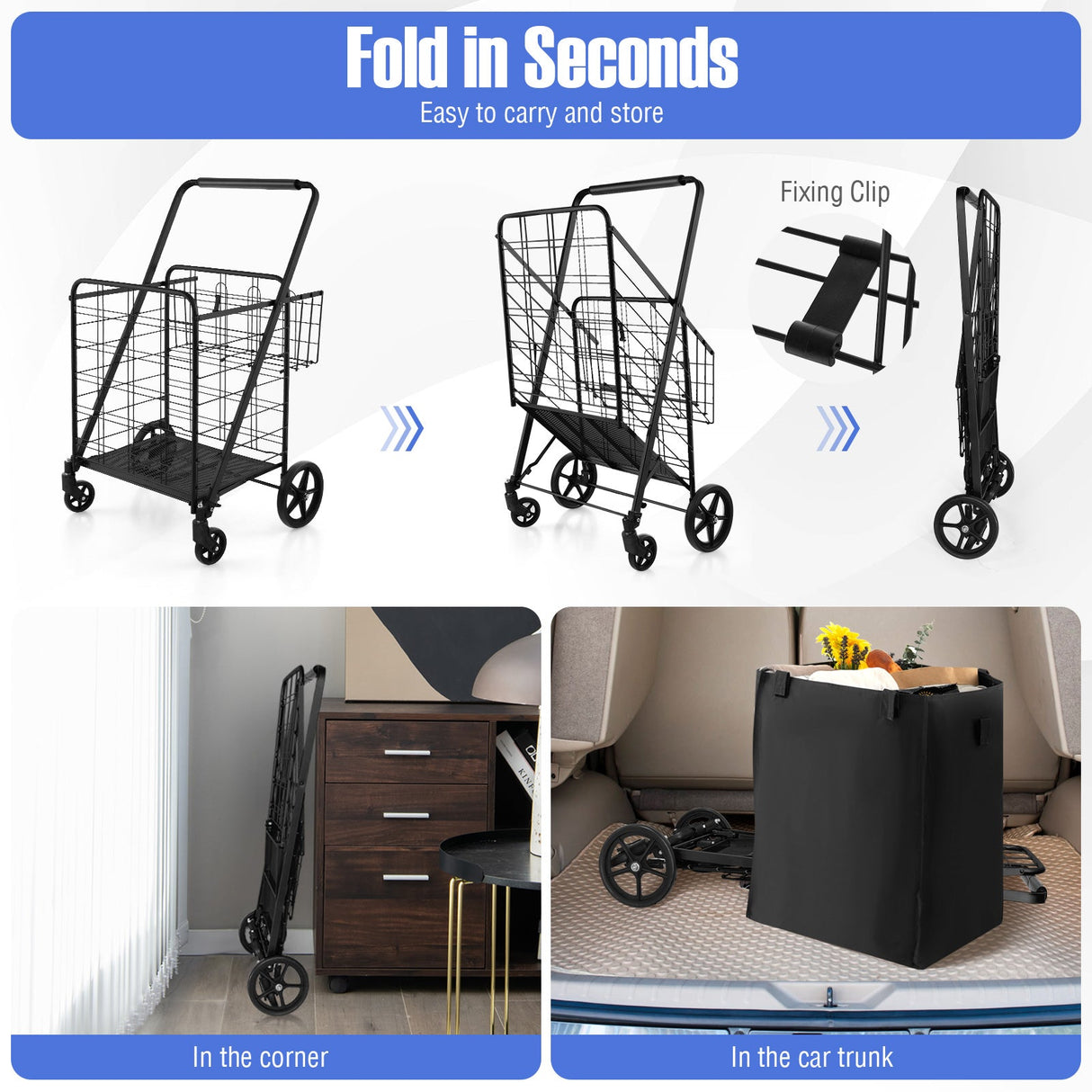 Carrito de compras plegable con ruedas, forro impermeable y cesta