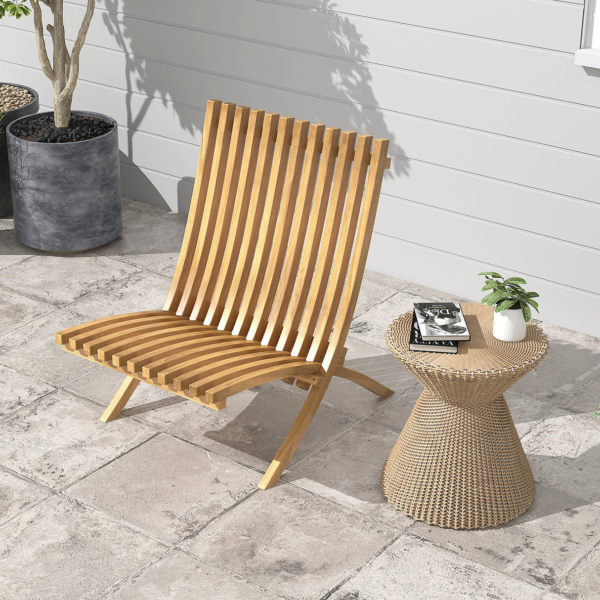 Sillón reclinable de exterior de madera de teca plegable con asiento y respaldo de listones