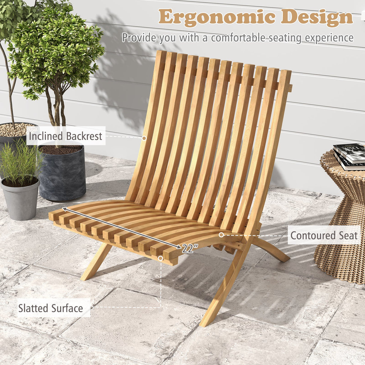 Sillón reclinable de exterior de madera de teca plegable con asiento y respaldo de listones