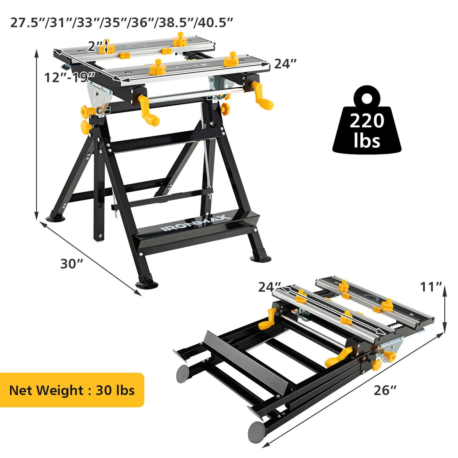 Mesa de Trabajo Plegable con Plataforma Inclinable y Altura Ajustable en 7 Niveles - Negra