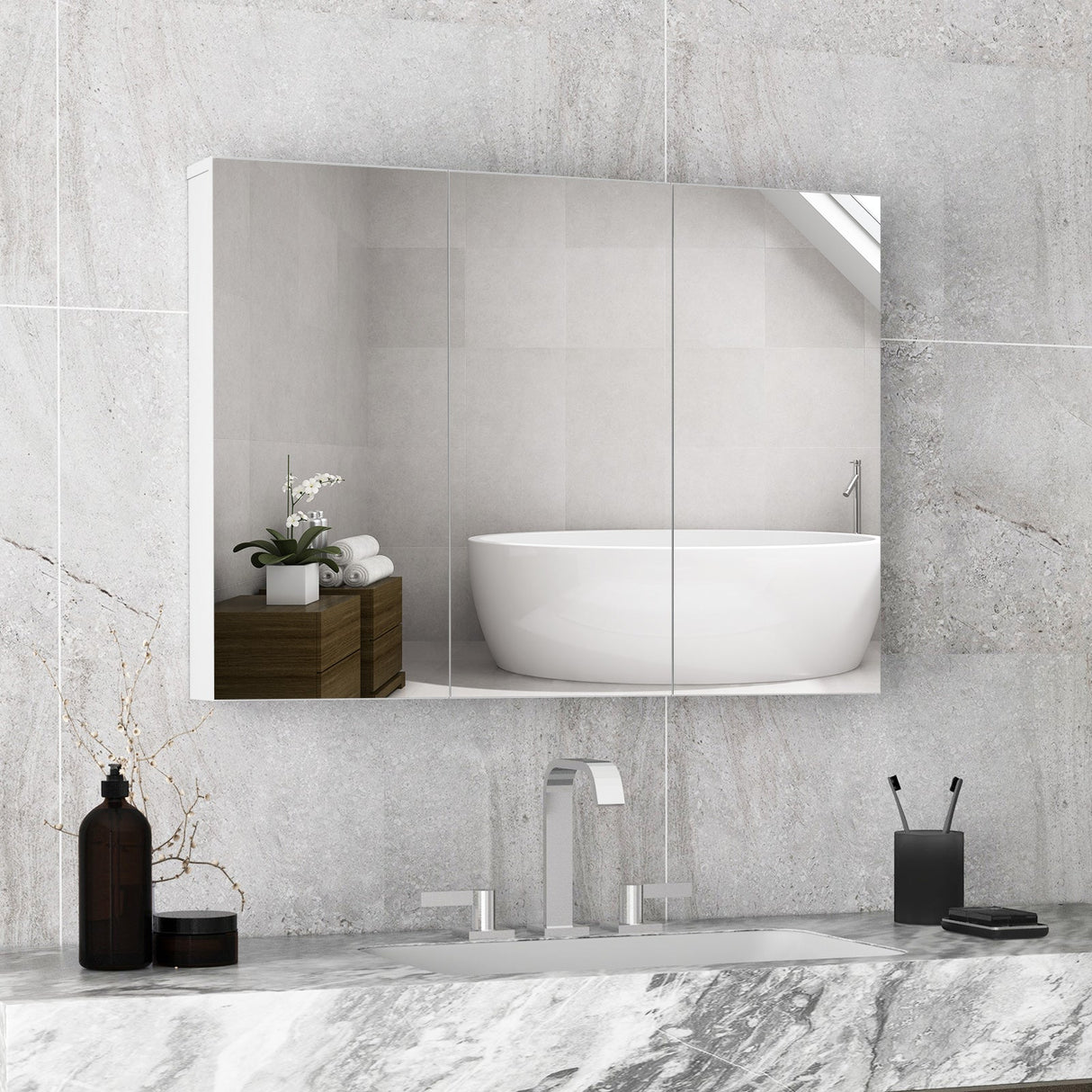 Armario de baño sin marco con espejo de pared, 3 puertas y estantes ajustables