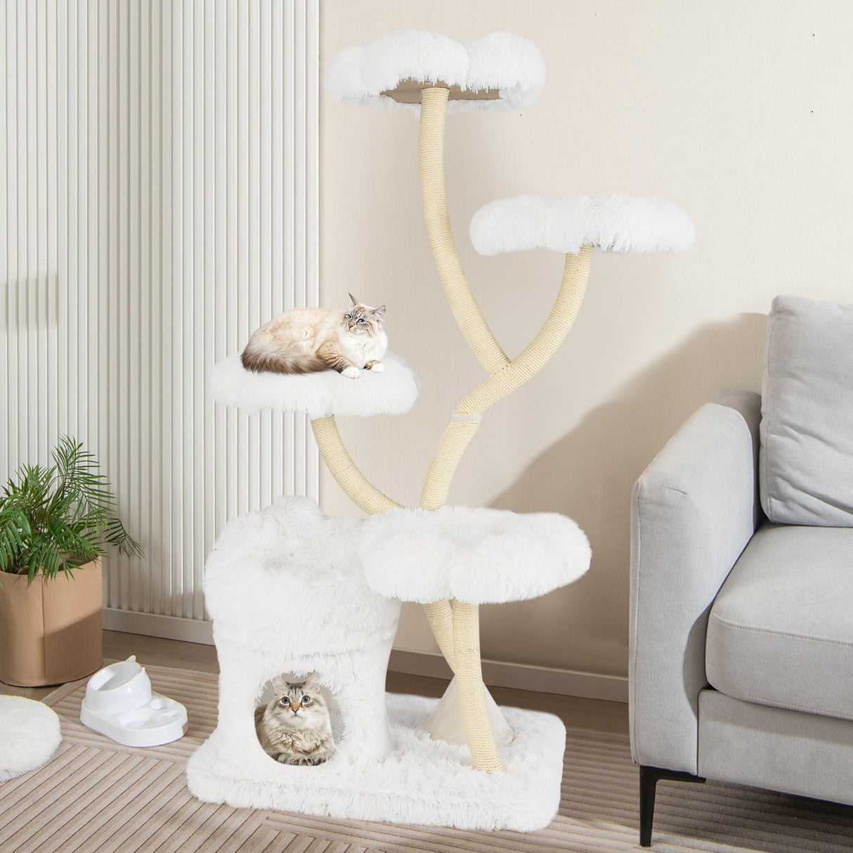 Torre de juego para gatos independiente con cuatro plataformas en forma de flor y postes rascadores de sisal