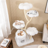 Torre de juego para gatos independiente con cuatro plataformas en forma de flor y postes rascadores de sisal