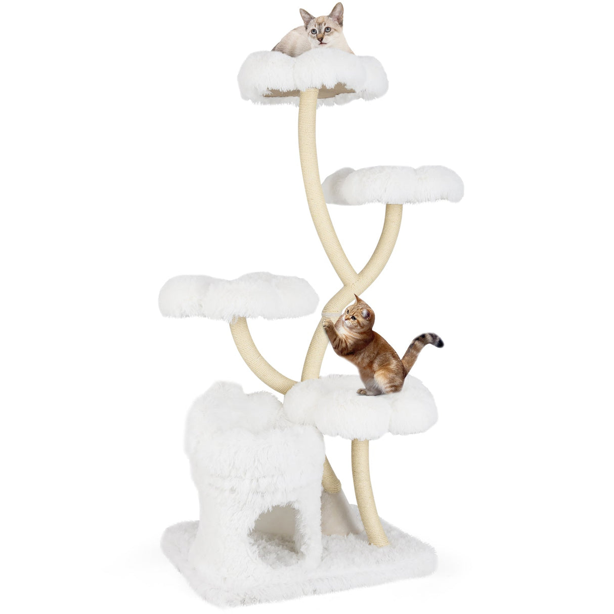 Torre de juego para gatos independiente con cuatro plataformas en forma de flor y postes rascadores de sisal