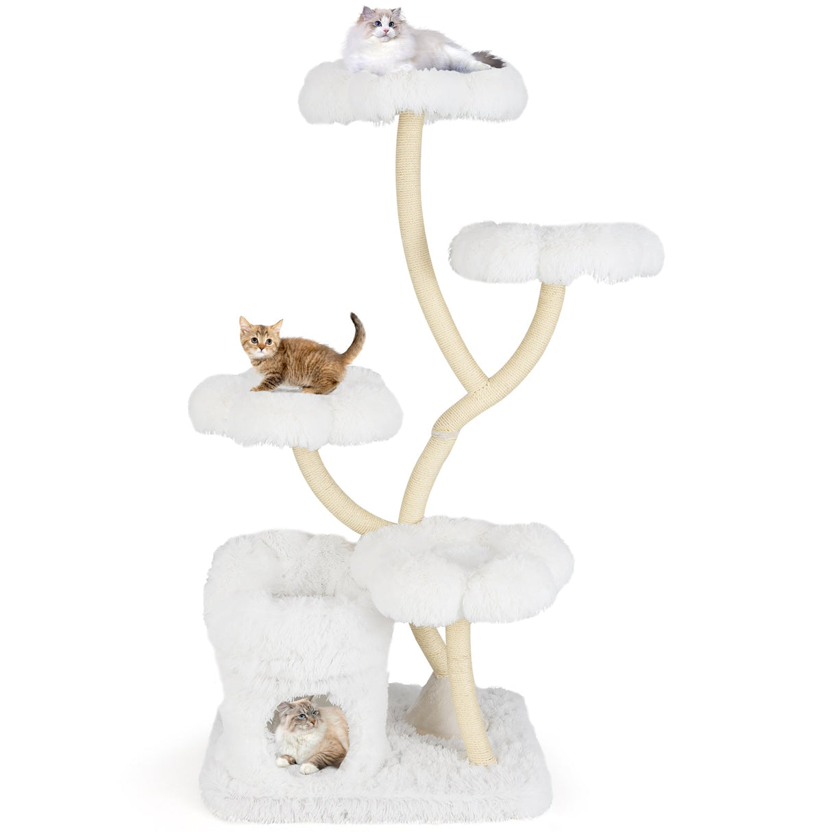 Torre de juego para gatos independiente con cuatro plataformas en forma de flor y postes rascadores de sisal